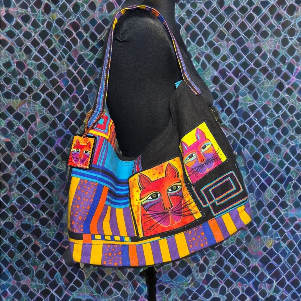 Laurel Burch Colorful Cat Slouch Hobo Tote Bag Art Purse Whimsical Boho